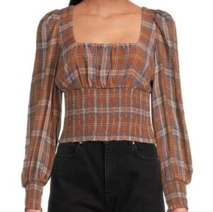 NWT Gianni Bini Faye Plaid Smocked Blue And Brown Top, 4